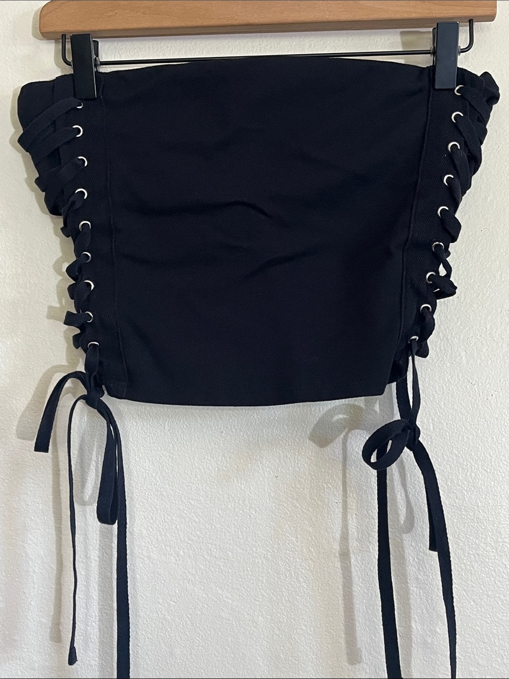 Self Esteem Black Lace-Up Strapless Crop